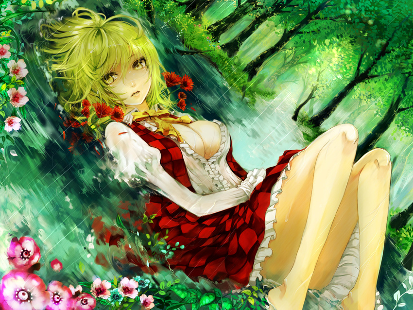 apt bad_id bad_pixiv_id bare_legs barefoot breasts checkered checkered_skirt cleavage convenient_leg dutch_angle face flood flower foliage forest grass green_hair highres juliet_sleeves kazami_yuuka lips long_sleeves lying medium_breasts nature no_bra on_back open_clothes open_shirt partially_submerged puffy_sleeves rain river shirt skirt solo touhou tree water wet wet_clothes yellow_eyes