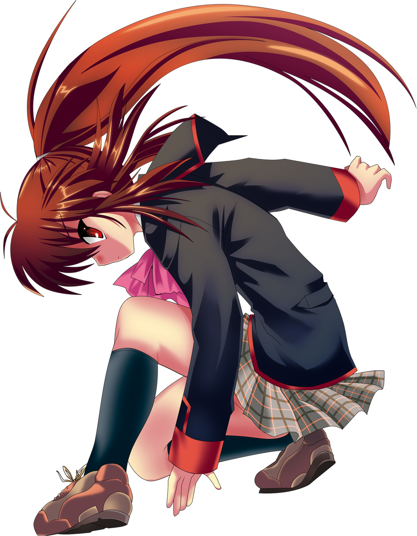 absurdres bow brown_hair full_body highres kneehighs little_busters! long_hair natsume_rin oyu_no_kaori pink_bow plaid plaid_skirt ponytail pose red_eyes ribbon school_uniform skirt solo transparent_background