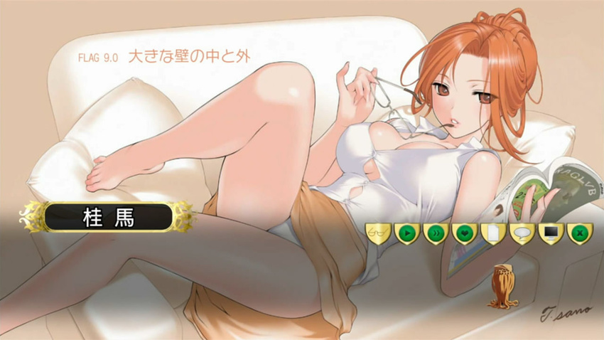 barefoot book breasts bursting_breasts buttons cleavage couch end_card eyes_visible_through_hair eyewear_removed feet from_side glasses hair_bun hair_up high_collar holding holding_eyewear indoors kami_nomi_zo_shiru_sekai katsuragi_mari large_breasts leg_up legs looking_at_viewer lying mature no_bra on_back open_book orange_eyes orange_hair panties pantyshot pantyshot_(lying) parted_lips pillow sano_toshihide screencap shirt signature skirt skirt_lift sleeveless sleeveless_shirt solo taut_clothes taut_shirt translated underwear white_panties