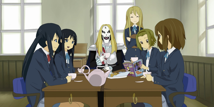 akiyama_mio armor artist_request black_hair blonde_hair blue_eyes brown_hair cookie cookies crossover cup detroit_metal_city eyes_closed food hairband hirasawa_yui jacky_(artist) johannes_krauser_ii k-on! kotobuki_tsumugi long_hair magazine nakano_azusa school_uniform short_hair smile source_request tainaka_ritsu tea tea_set teacup teapot twintails window