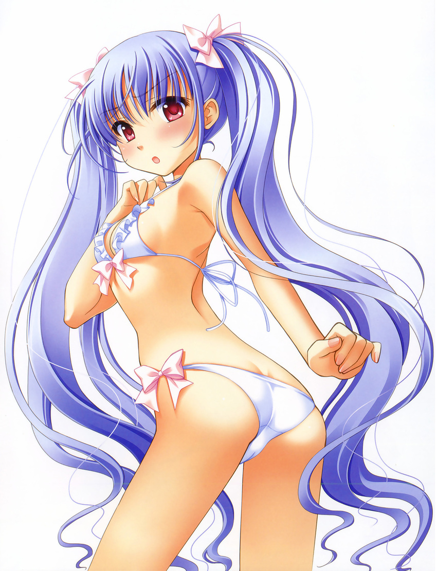 :o ass bare_shoulders bikini blue_hair blush bow breasts cameltoe cleavage dimples_of_venus fingernails frilled_bikini frills front-tie_top ginta hair_bow hands highres hiiragi_ginga long_hair looking_at_viewer looking_back open_mouth red_eyes side-tie_bikini small_breasts solo sugar+spice! sugar+spice_2 swimsuit twintails very_long_hair white_bikini