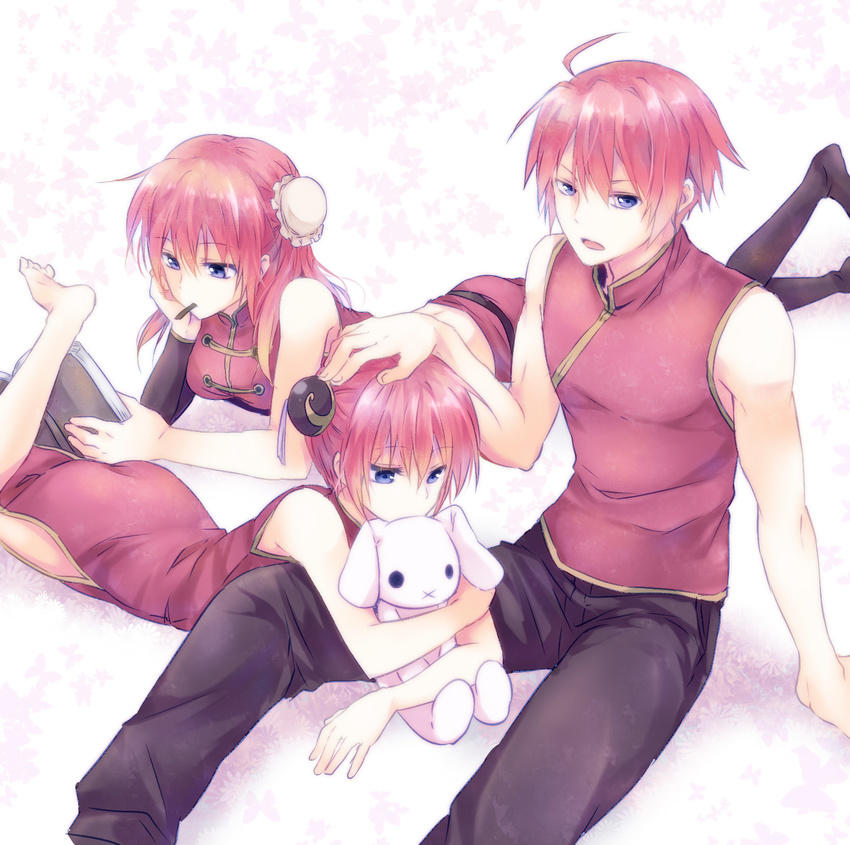 2girls antenna_hair bad_id bad_pixiv_id bare_shoulders barefoot blue_eyes china_dress chinese_clothes doll doll_hug dress food genderswap genderswap_(ftm) gintama hand_on_another's_head highres kagura_(gintama) lying maruki_(punchiki) multiple_girls multiple_persona older open_mouth pocky red_hair short_hair sitting stuffed_toy younger