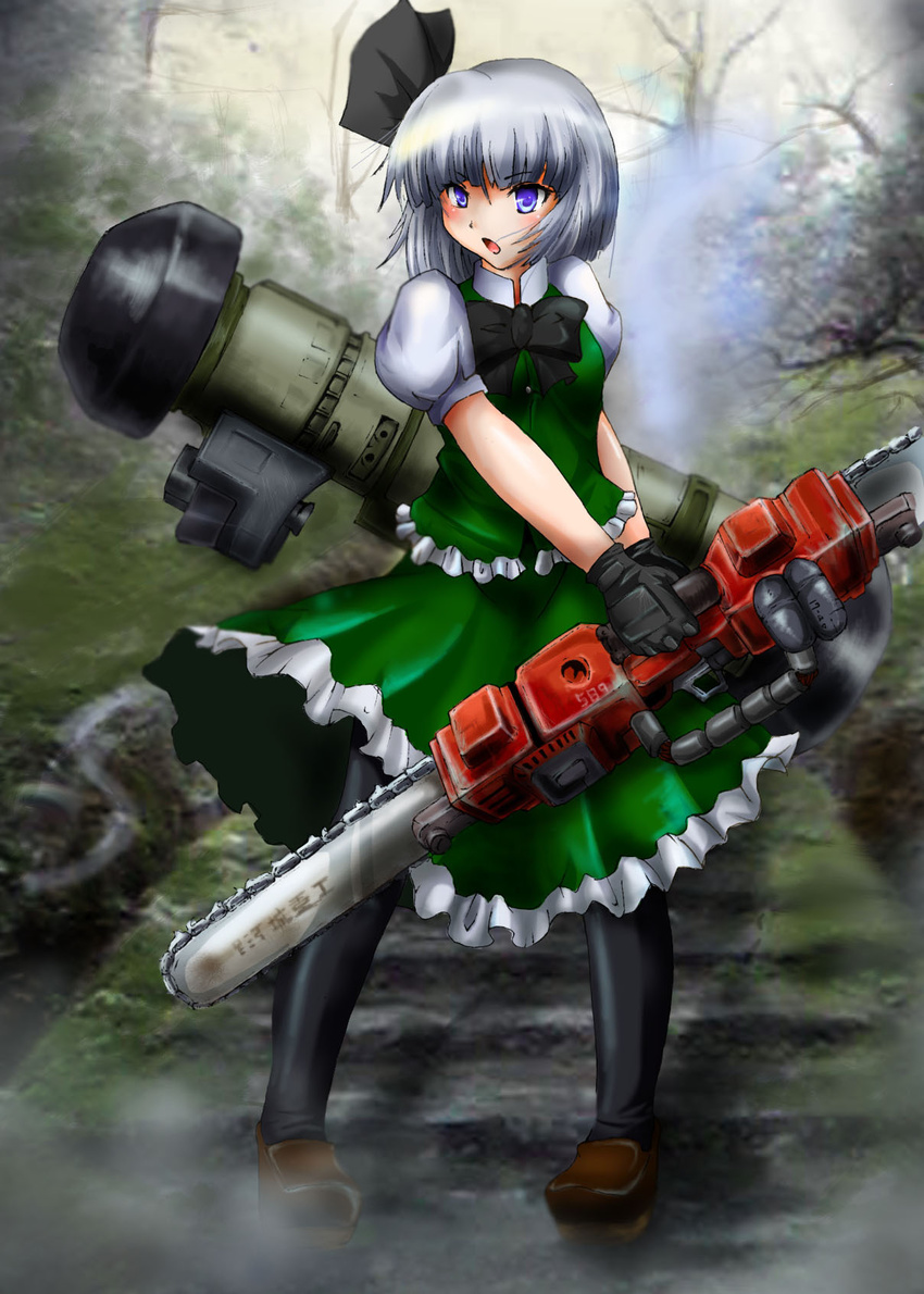 blush chainsaw double-blade gloves highres kihou_no_gotoku_dmc konpaku_youmu pantyhose rocket_launcher shoes short_hair silver_hair skirt socks solo touhou weapon