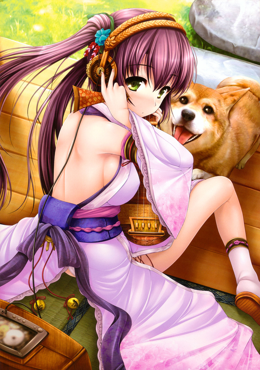 back backless_outfit bare_back bare_shoulders breasts dog green_eyes hair_ornament headphones highres instrument japanese_clothes long_hair looking_back medium_breasts non-web_source original pink_legwear purple_hair sideboob solo twintails uni8