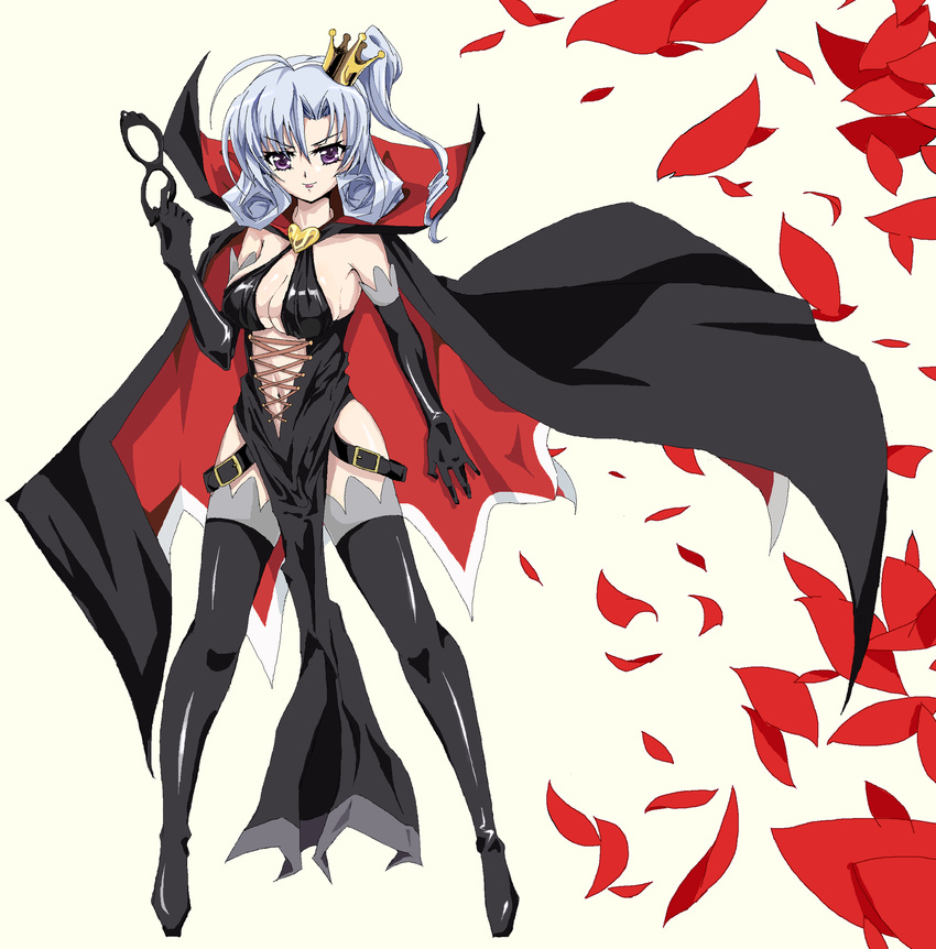 arsene belt boots breasts cape crown elbow_gloves gloves henriette_mystere highres large_breasts lipstick lying makeup mask mushikon on_back ponytail purple_eyes solo tantei_opera_milky_holmes thigh_boots thighhighs white_hair