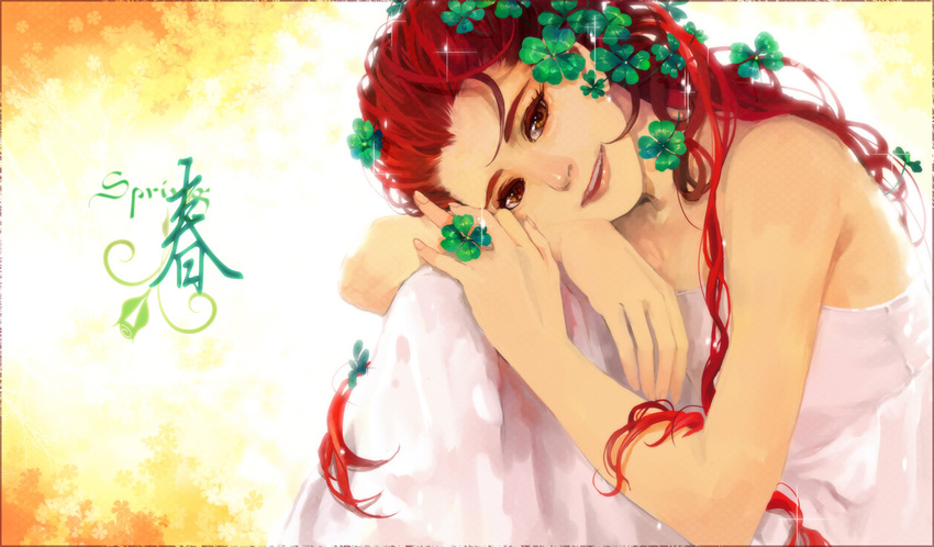 bare_shoulders clover clover_hair_ornament colored_eyelashes dress eyebrows eyelashes forehead four-leaf_clover four-leaf_clover_hair_ornament hair_ornament head_rest lips long_hair nise_shoku nose original realistic red_hair sleeveless smile solo white_dress
