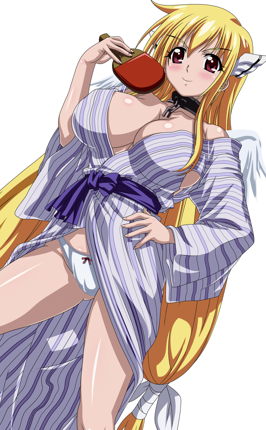 astraea blonde_hair blush bow bow_panties breasts chain cleavage collar hand_on_hip head_wings highres large_breasts leash panties smile solo sora_no_otoshimono torasen_(artist) transparent_background underwear vector_trace white_panties