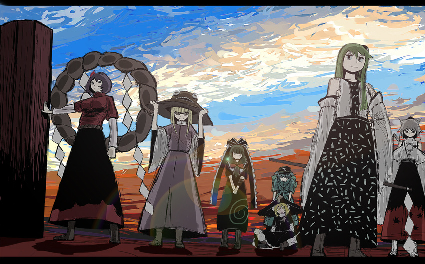 bad_id bad_pixiv_id blue_sky brooch cloud day detached_sleeves dress eiji_(age1234) full_body gem inubashiri_momiji jewelry kagiyama_hina kawashiro_nitori kirisame_marisa kochiya_sanae long_sleeves moriya_suwako mountain_of_faith multiple_girls outdoors pillar puffy_short_sleeves puffy_sleeves pyonta red_dress shawl short_sleeves sky standing touhou vest yasaka_kanako