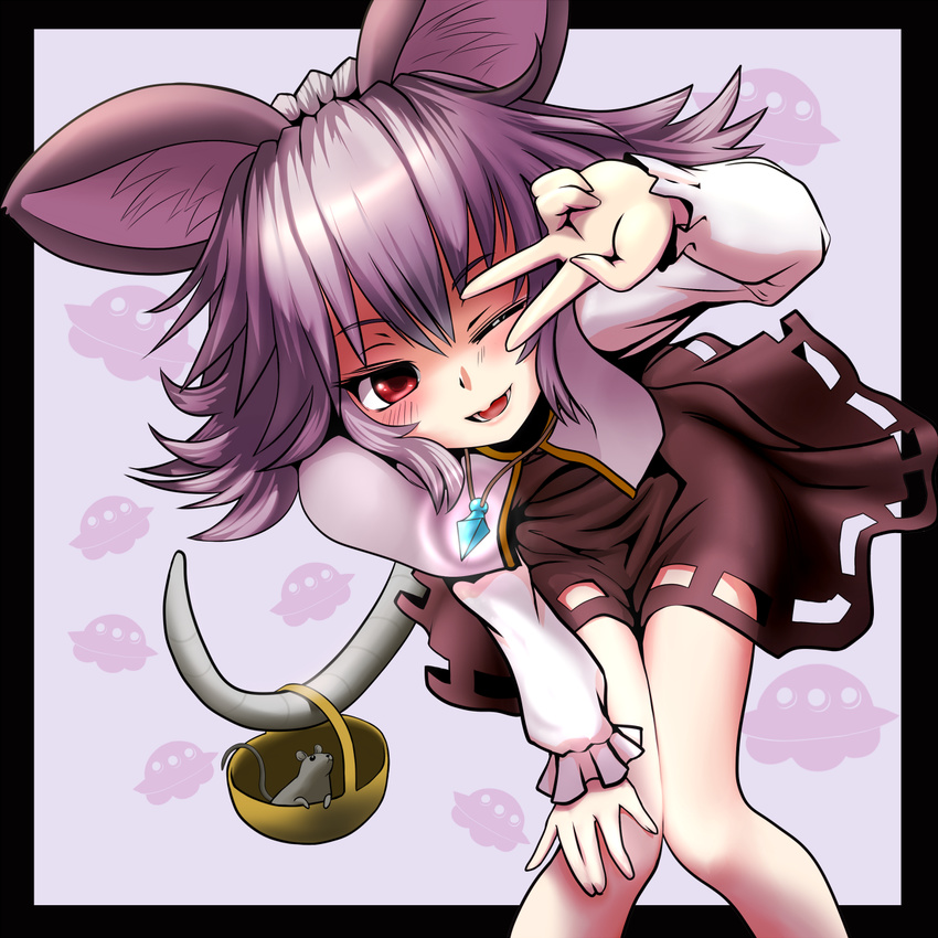 animal_ears basket blush capelet grey_hair highres ishikkoro jewelry leaning_forward mouse mouse_ears mouse_tail nazrin one_eye_closed pendant red_eyes short_hair solo tail touhou ufo v