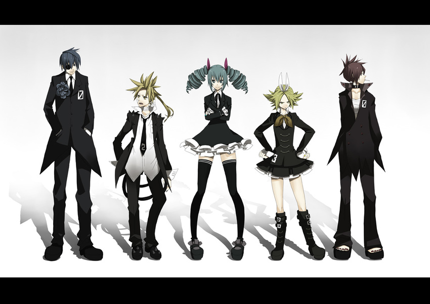 3girls alternate_hairstyle blonde_hair blue_eyes blue_flower blue_hair blue_rose bow brother_and_sister brown_hair choker crossed_arms dress drill_hair eyepatch flower formal ghost_in_the_shell ghost_in_the_shell_lineup ghost_in_the_shell_stand_alone_complex hair_bow hair_ornament hair_ribbon hands_in_pockets hands_on_hips hatsune_miku himitsu_keisatsu_(vocaloid) houhou_(black_lack) kagamine_len kagamine_rin kaito legs letterboxed lineup long_hair meiko multiple_boys multiple_girls necktie open_mouth parody ponytail ribbon rose short_hair siblings smile standing suit thighhighs twins twintails vocaloid wrist_cuffs yellow_eyes zettai_ryouiki