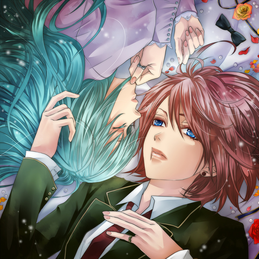 aqua_hair blue_eyes bow brown_hair closed_eyes flower hakuseki highres jacket jewelry lips long_hair lying multicolored multicolored_rose multiple_girls nail_polish necktie on_back on_side original pink_nails red_flower red_rose ring rose short_hair vocaloid