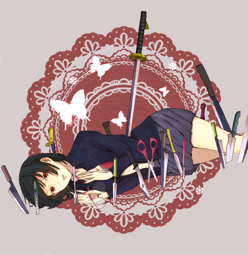 am_(amyu_amyu) black_hair bob_cut boxcutter bra breasts bug butterfly cleavage durarara!! eyewear_removed fingernails fork glasses highres insect knife large_breasts lingerie lying machete nail_polish on_side open_clothes open_shirt pleated_skirt red_eyes red_nails school_uniform scissors shirt short_hair skirt snowflakes solo sonohara_anri sword underwear weapon