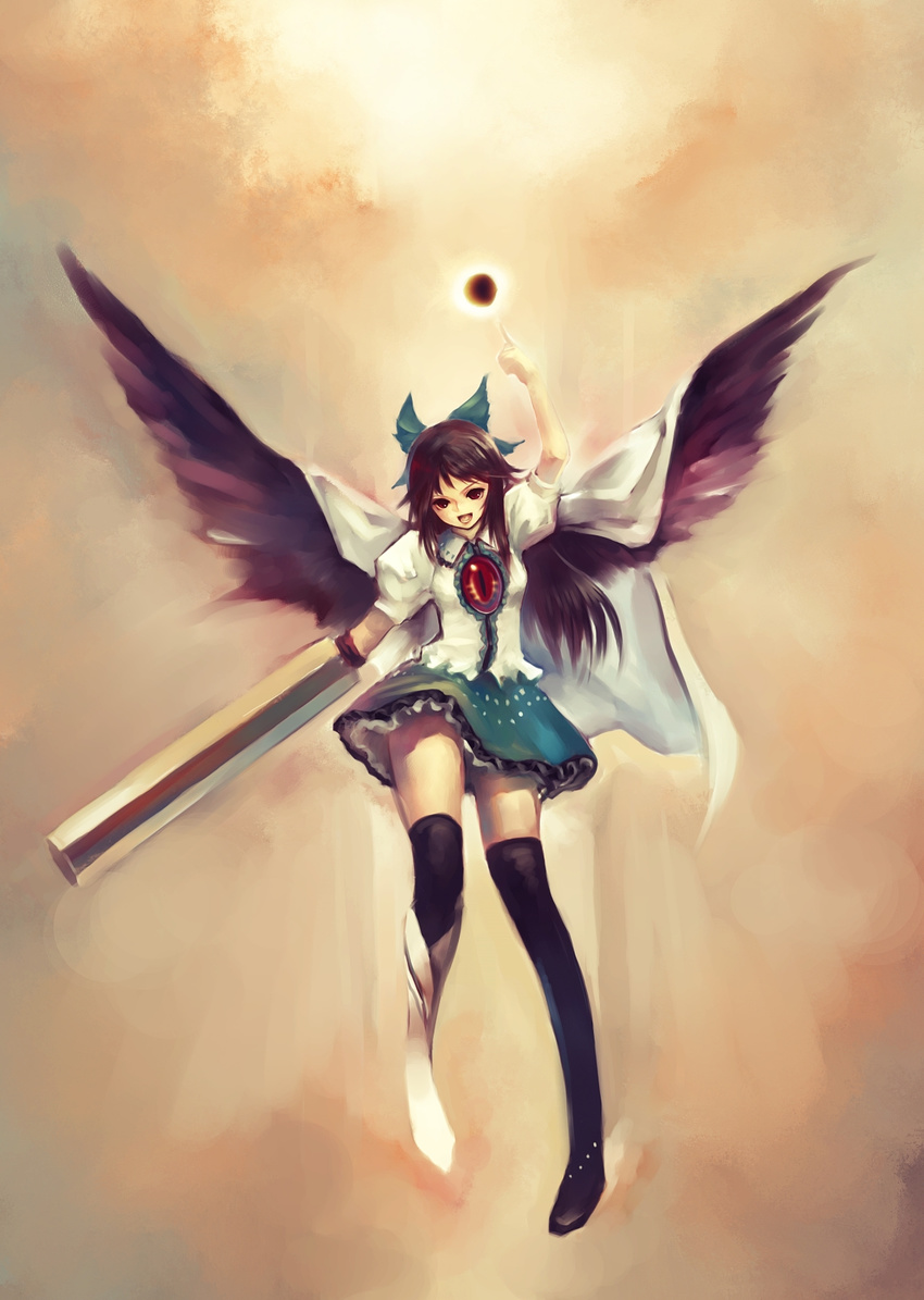 arm_cannon bad_id bad_pixiv_id black_hair black_wings bow cape energy_ball hair_bow highres long_hair open_mouth red_eyes reiuji_utsuho smile solo thighhighs third_eye touhou traplus weapon wings