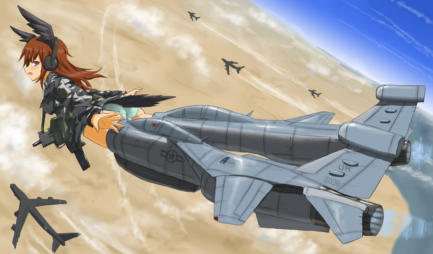 b-52_stratofortress bad_id bad_pixiv_id brown_hair camouflage dakku_(ogitsune) desert ef-111a gun head_wings headphones mac-11 mecha_musume ocean panties purple_eyes solo strike_witches_1991 striker_unit submachine_gun tail underwear uniform weapon world_witches_series