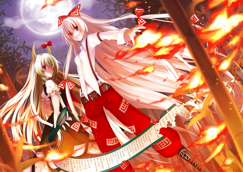 bamboo bamboo_forest belt boots bow cross-laced_footwear ex-keine fire forest fujiwara_no_mokou full_moon green_hair grin hair_bow horns kamishirasawa_keine koto_(colorcube) lace-up_boots long_hair looking_back moon multiple_girls nature navel red_eyes shirt smile suspenders touhou very_long_hair white_hair white_shirt