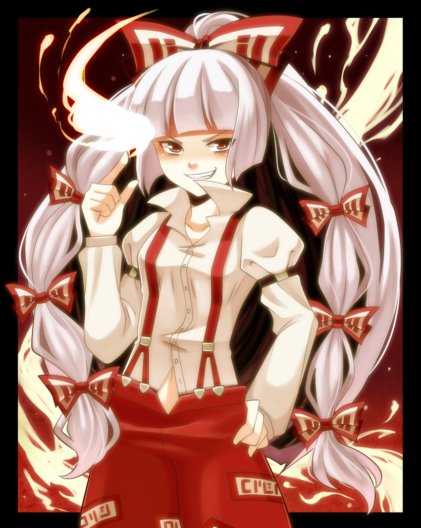 fire fujiwara_no_mokou grin hair_ribbon hand_on_hip highres jinno_shigure long_hair navel ribbon silver_hair smile solo suspenders touhou twintails