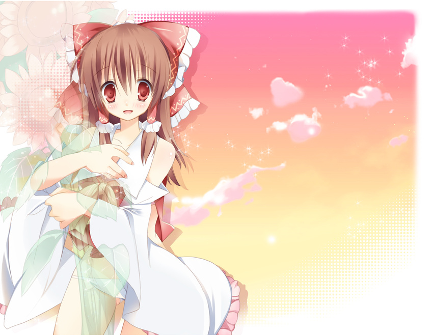 bad_id bad_pixiv_id bouquet bow brown_hair detached_sleeves flower hair_bow hakurei_reimu long_hair looking_at_viewer m_(tokui1213) object_hug open_mouth panties red_eyes smile solo sunflower tareme touhou transparent underwear