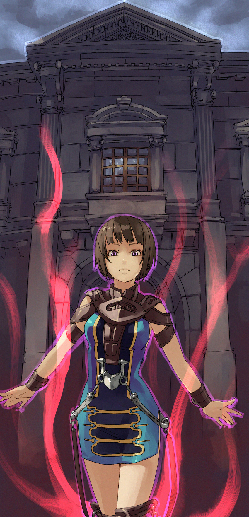 architecture armor aura bangs bare_shoulders black_hair blue_dress bob_cut breastplate building chain cowboy_shot cuffs dress frown glowing highres kagerou:_kokumeikan_shinshou looking_at_viewer millennia outdoors outstretched_arms purple_eyes shihou_(g-o-s) short_dress short_hair side_slit sky sleeveless sleeveless_dress solo spread_arms standing thighhighs window zettai_ryouiki