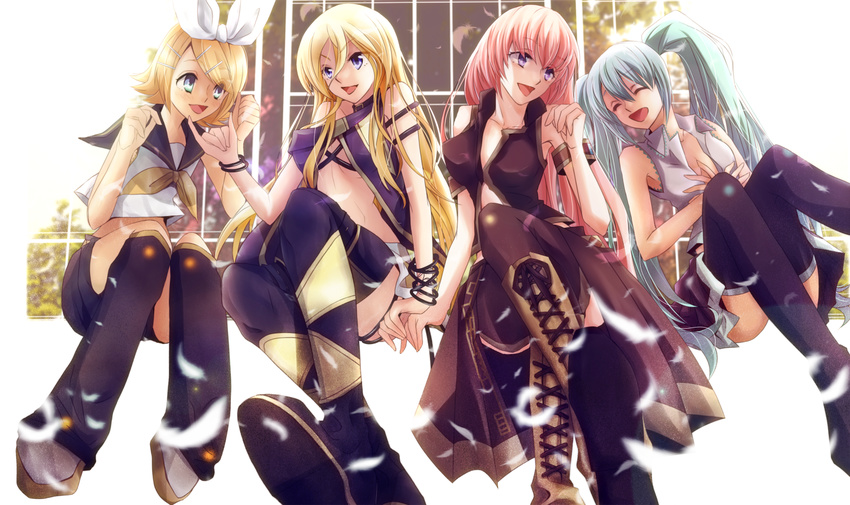 bad_id bad_pixiv_id boots bracelet crossed_legs hair_ornament hairclip hatsune_miku jewelry kagamine_rin knee_boots lily_(vocaloid) megurine_luka multiple_girls sitting skirt smile suzusachinet thigh_boots thighhighs twintails vocaloid