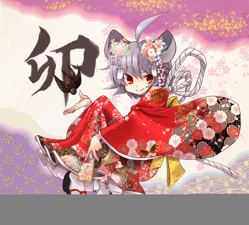 absurdres eyebrows grey_hair highres japanese_clothes kimono md5_mismatch nazrin red_eyes solo touhou usa-pom