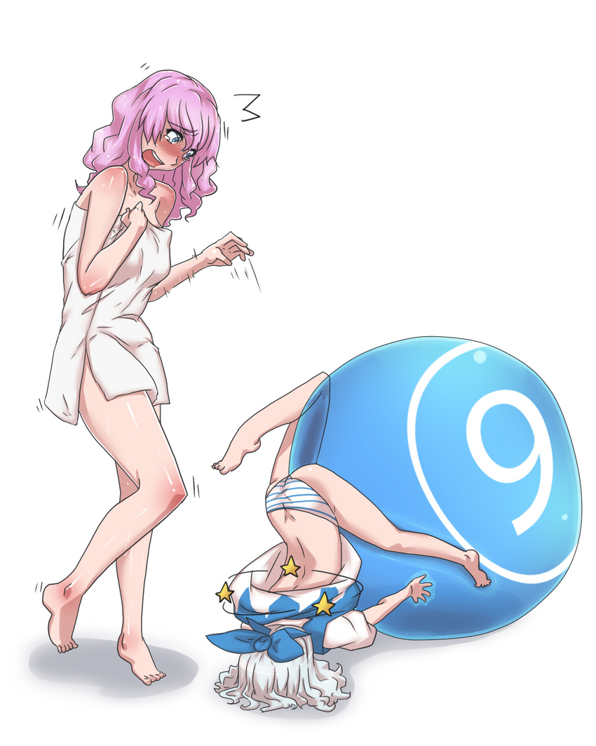 2girls alternate_hair_color ass bakuya ball bare_legs barefoot blue_eyes bow butt_crack cirno dress exercise_ball faceplant failure hair_bow highres legs letty_whiterock multiple_girls naked_towel panties pink_hair short_hair simple_background star striped striped_panties tears touhou towel underwear white_hair you're_doing_it_wrong