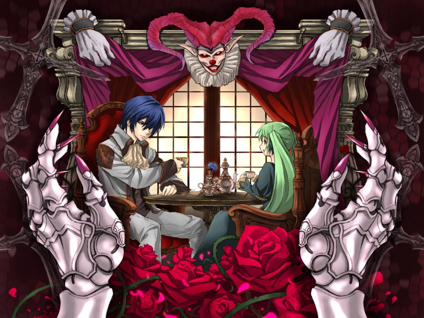 1girl age_difference blue_hair cantarella_(vocaloid) chair child couple cup fingernails flower green_hair hands hatsune_miku hetero horns kaito kooten_bergh_no_youhei long_fingernails red_flower red_rose rose satan sitting table teacup teapot twintails vocaloid younger