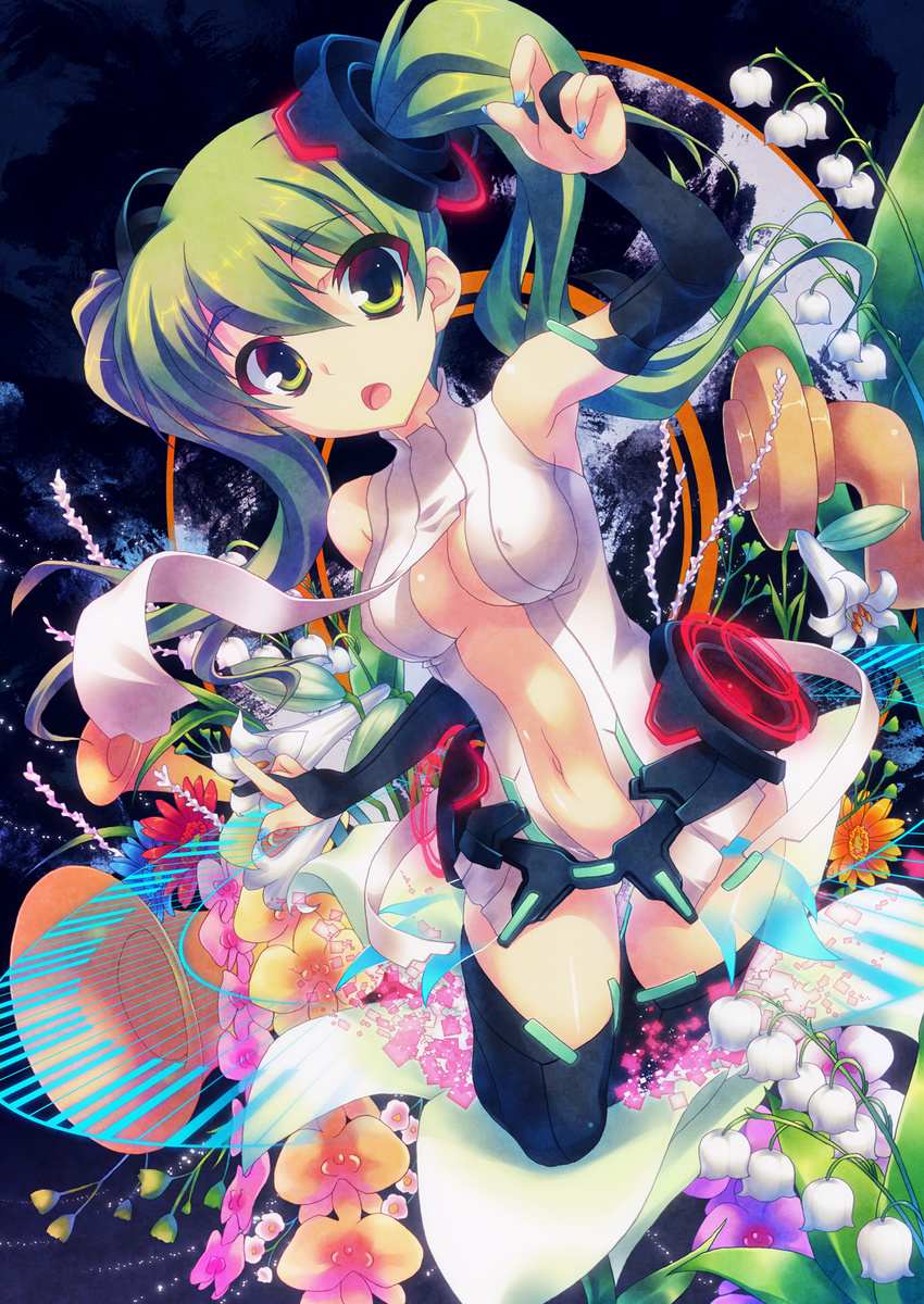 aoi_sora-maru armpits bare_shoulders blue_nails bridal_gauntlets center_opening flower green_eyes green_hair hatsune_miku hatsune_miku_(append) highres lily_(flower) lily_of_the_valley long_hair nail_polish navel open_mouth orchid solo twintails vocaloid vocaloid_append