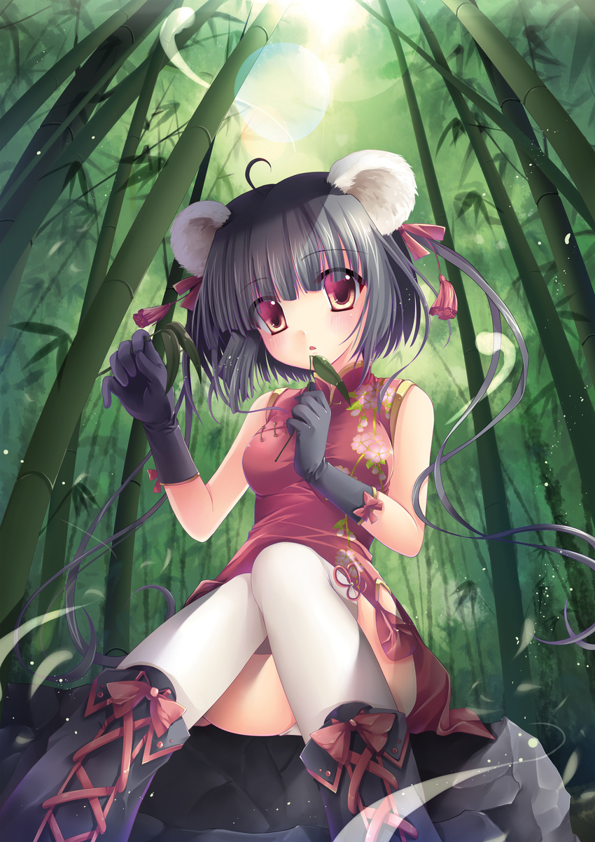 absurdres ahoge animal_ears bad_id bad_pixiv_id bamboo bamboo_forest bear_ears black_gloves black_hair boots bow china_dress chinese_clothes cross-laced_footwear dress forest gloves hair_ribbon highres lace-up_boots leaf lens_flare nature original red_eyes ribbon sitting sitting_on_object sitting_on_rock solo sousouman thighhighs white_legwear