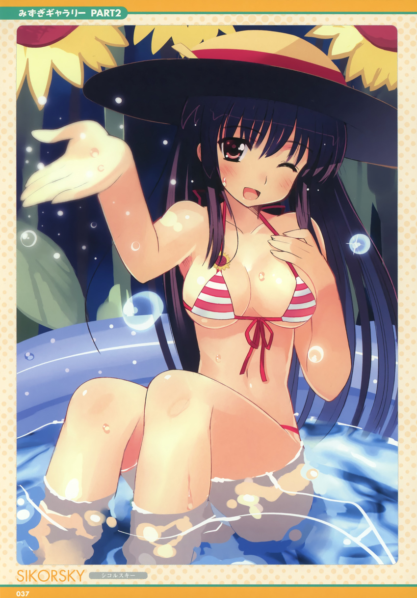 1girl absurdres bikini black_hair blush copyright_request frame front-tie_top hat highres one_eye_closed red_eyes sikorsky sitting smile solo string_bikini striped striped_bikini striped_swimsuit submerged sun_hat swimsuit wading_pool wink