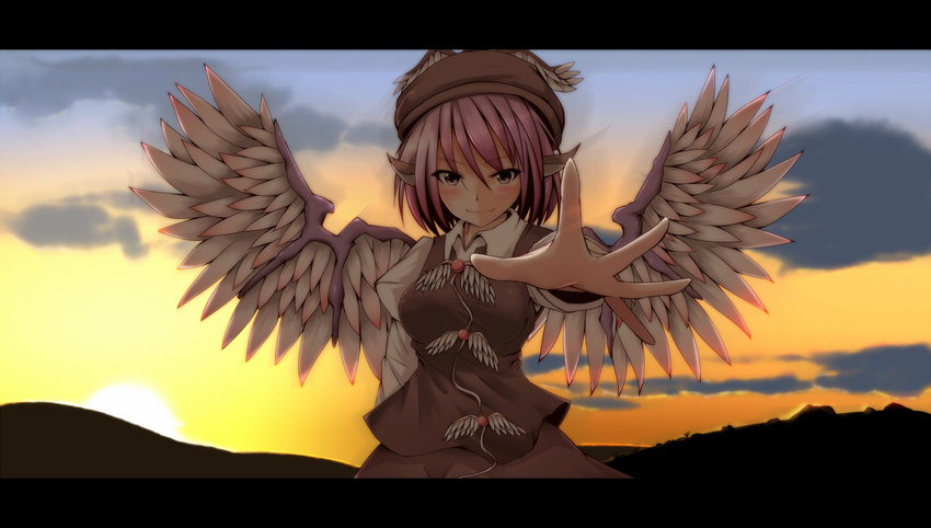 animal_ears blush cloud foreshortening hands hat hiro_(pqtks113) letterboxed mystia_lorelei outstretched_hand pink_hair reaching short_hair smile solo sunset touhou upper_body wallpaper wings