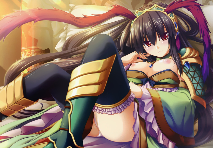 adjusting_hair armor ass bangs bed black_hair black_legwear blush boots braid breasts breasts_outside chinese_clothes frilled_legwear frills fur_trim gem gradient hairband indoors jewelry kamidori_alchemy_meister knee_boots large_breasts long_hair lying naughty_face necklace nipple_slip nipples no_bra official_art on_back panties pantyshot pantyshot_(lying) pendant pillow reclining red_eyes shirt_pull smile solo spread_legs thighhighs turtleneck underwear very_long_hair white_panties wide_sleeves yakuri yuela