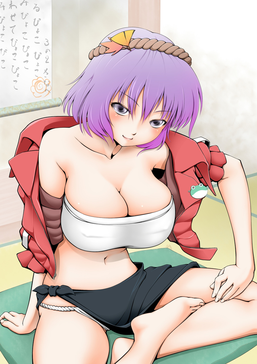 bad_id bad_pixiv_id barefoot black_sarong breasts cleavage feet from_above fundoshi highres indian_style japanese_clothes koibumi large_breasts midriff navel open_clothes open_shirt purple_hair sarong shirt short_hair sitting solo strapless text_focus touhou translation_request tubetop yasaka_kanako