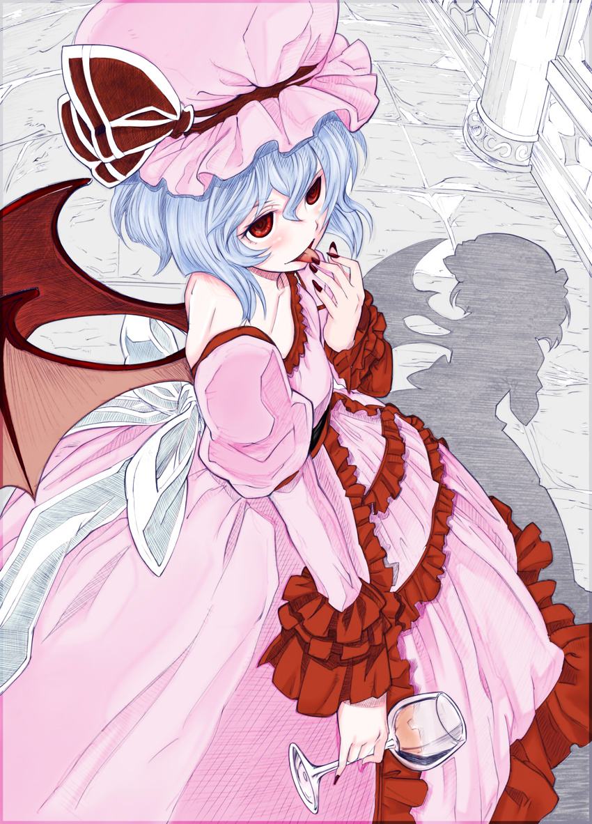 blue_hair blush colored_pencil_(medium) colorized cup demon_wings dress drinking_glass fingernails frilled_dress frills from_above hat highres licking nail_polish onomachi_(ted) pink_dress red_eyes red_nails remilia_scarlet sakino_shingetsu shadow sharp_fingernails short_hair solo tongue touhou traditional_media wine_glass wings