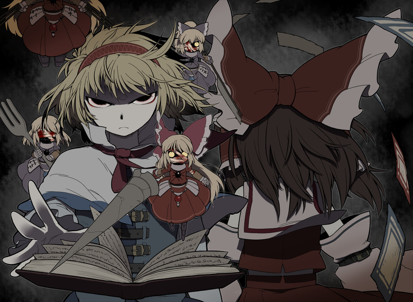 alice_margatroid angry bandages belt black_eyes blonde_hair blood book bow brown_hair capelet claws dark detached_sleeves doll fork from_behind glaring gloves glowing glowing_eyes grimoire grimoire_of_alice hairband hakurei_reimu horror_(theme) lance messy_hair multiple_girls polearm shanghai_doll short_hair sword touhou ume_(noraneko) weapon