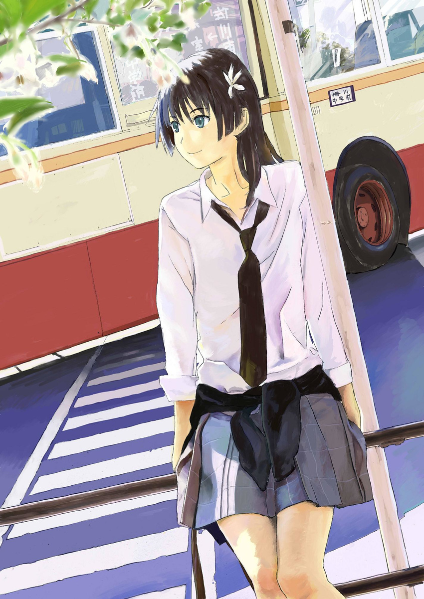 bad_id bad_pixiv_id black_hair bus crosswalk dutch_angle flower green_eyes ground_vehicle hair_flower hair_ornament highres looking_away motor_vehicle necktie railing saten_ruiko school_uniform shuku sitting skirt smile solo to_aru_kagaku_no_railgun to_aru_majutsu_no_index tree