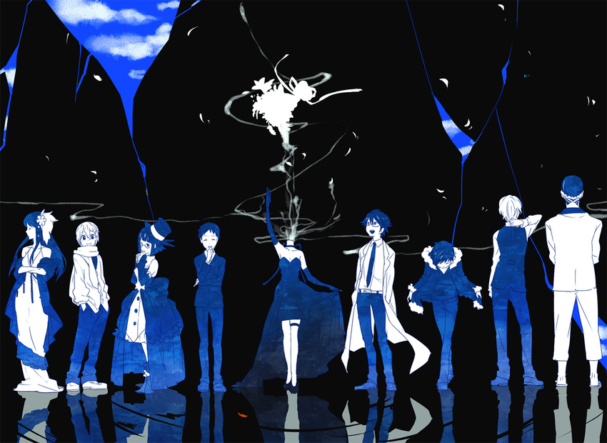 6+boys alternate_costume blue bouquet breasts celty_sturluson choker cleavage coat dress dress_lift dullahan durarara!! elbow_gloves flower garters glasses gloves hair_flower hair_ornament hat headless heiwajima_shizuo japanese_clothes kida_masaomi kishitani_shinra labcoat long_hair monochrome multiple_boys multiple_girls necktie orihara_izaya petals ryuugamine_mikado scarf school_uniform shawl short_hair shuri_(84k) simon_brezhnev small_breasts sonohara_anri top_hat tuxedo vest yagiri_namie