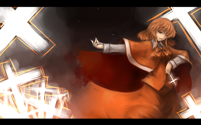 bad_id bad_pixiv_id cape cross okazaki_yumemi red_eyes red_hair ribbon short_hair sky solo star_(sky) starry_sky touhou touhou_(pc-98) tsuizi wallpaper