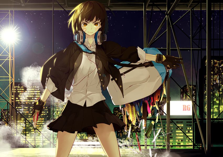 bag bandages boxcutter brown_eyes brown_hair gloves headphones headphones_around_neck highres light_smile night original outstretched_arm rozer skirt solo wind