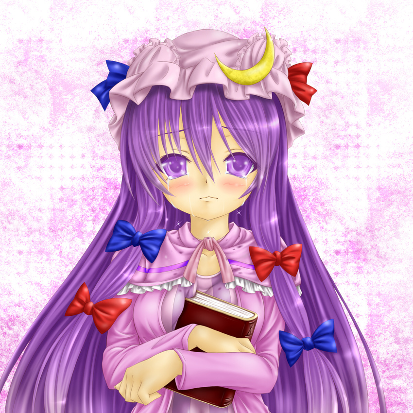 bad_id bad_pixiv_id blush book crescent hat highres libus long_hair patchouli_knowledge purple_eyes purple_hair solo tears touhou