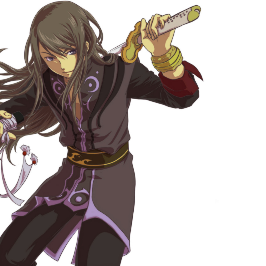 belt black_hair bracelet highres jewelry kanotori left-handed long_hair male_focus over_shoulder smile solo sword tales_of_(series) tales_of_vesperia weapon weapon_over_shoulder white_background yuri_lowell