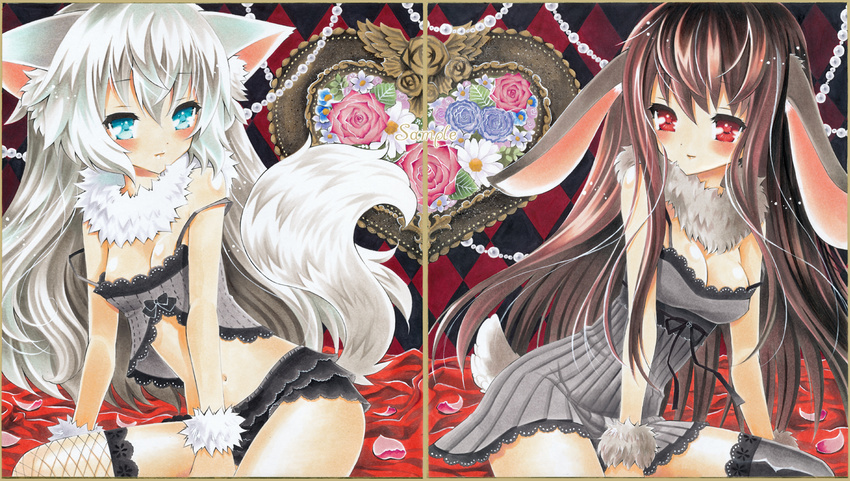 animal_ears argyle argyle_background arm_support ayuayu babydoll bad_id bad_pixiv_id bare_shoulders blue_eyes blush brown_hair bunny_ears bunny_tail chemise daisy flower frilled_panties frills light_smile lingerie long_hair marker_(medium) midriff multiple_girls navel original panties petals pink_flower pink_rose purple_flower purple_rose red_eyes rose sample silver_hair strap_slip symmetry tail thighhighs traditional_media underwear wolf_ears wolf_tail wrist_cuffs