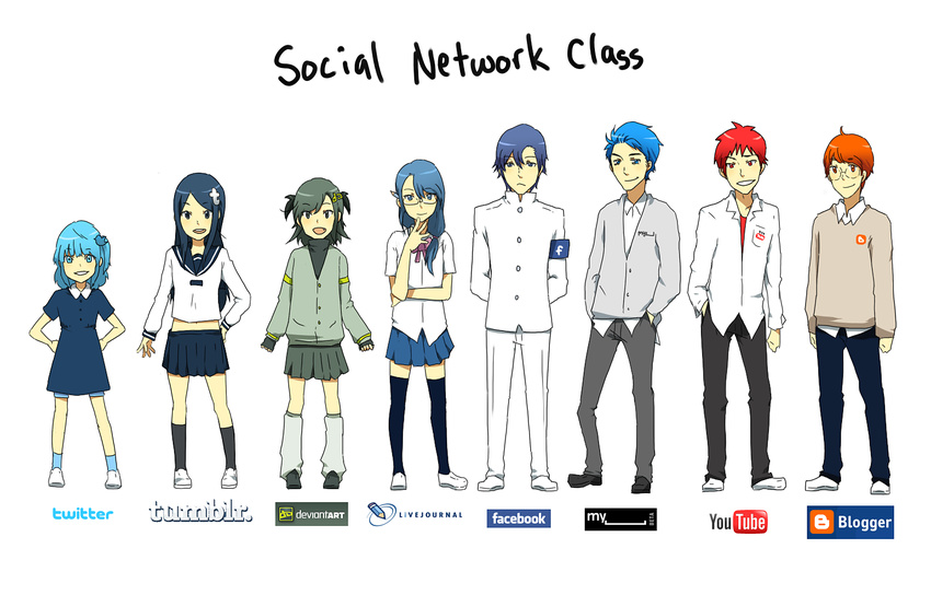 4girls blogger commentary deviantart facebook google livejournal loose_socks meryl_santos multiple_boys multiple_girls myspace personification school_uniform shirt skirt socks thighhighs tumblr twitter youtube