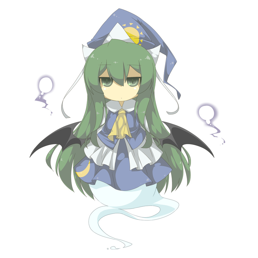 absurdres bad_id bad_pixiv_id bat_wings crescent eiri_(eirri) expressionless ghost green_eyes green_hair hat highres long_hair mima simple_background solo sun touhou touhou_(pc-98) wings wizard_hat