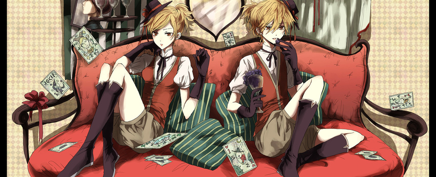 1girl bad_id bad_pixiv_id blonde_hair boots brother_and_sister couch glass gloves hat highres kagamine_len kagamine_rin pillow short_hair siblings sitting smile twins vocaloid yellow_eyes yuki_(fuguneko)