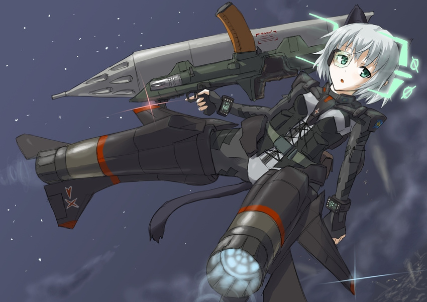 animal_ears bad_id bad_pixiv_id cat_ears commentary dakku_(ogitsune) green_eyes hirschgeweih_antennas mig-29 pantyhose rocket_launcher sanya_v_litvyak short_hair silver_hair solo strike_witches tail uniform weapon world_witches_series