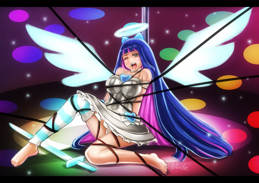barefoot bdsm blue_eyes bondage bound halo heart letterboxed long_hair multicolored_hair one_eye_closed open_mouth panties panty_&amp;_stocking_with_garterbelt qblade single_thighhigh solo stocking_(psg) striped striped_legwear striped_panties sword tears thighhighs two-tone_hair underwear very_long_hair weapon wings