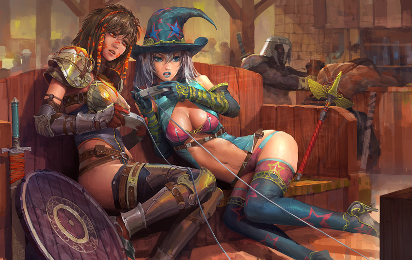breasts cleavage console face_paint facepaint fantasy girls_playing_games hat high_heels molybdenumgp03 orc playing_games shield tavern thighhighs wand witch witch_hat zettai_ryouiki