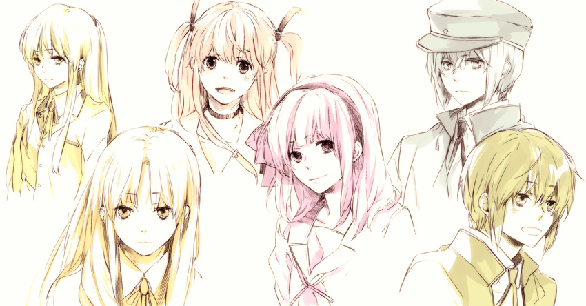 3girls angel_beats! harukaze_(jonathan) hat long_hair multiple_girls naoi_ayato pale_color school_uniform short_hair sketch tenshi_(angel_beats!) yui_(angel_beats!) yuri_(angel_beats!)