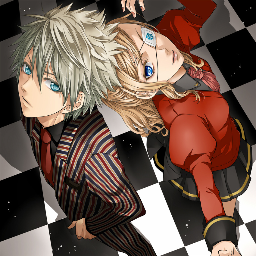 1girl aqua_eyes blonde_hair blue_eyes checkered checkered_floor eyepatch formal grey_hair hakuseki highres looking_at_viewer looking_up necktie original pinstripe_suit short_hair skirt striped suit