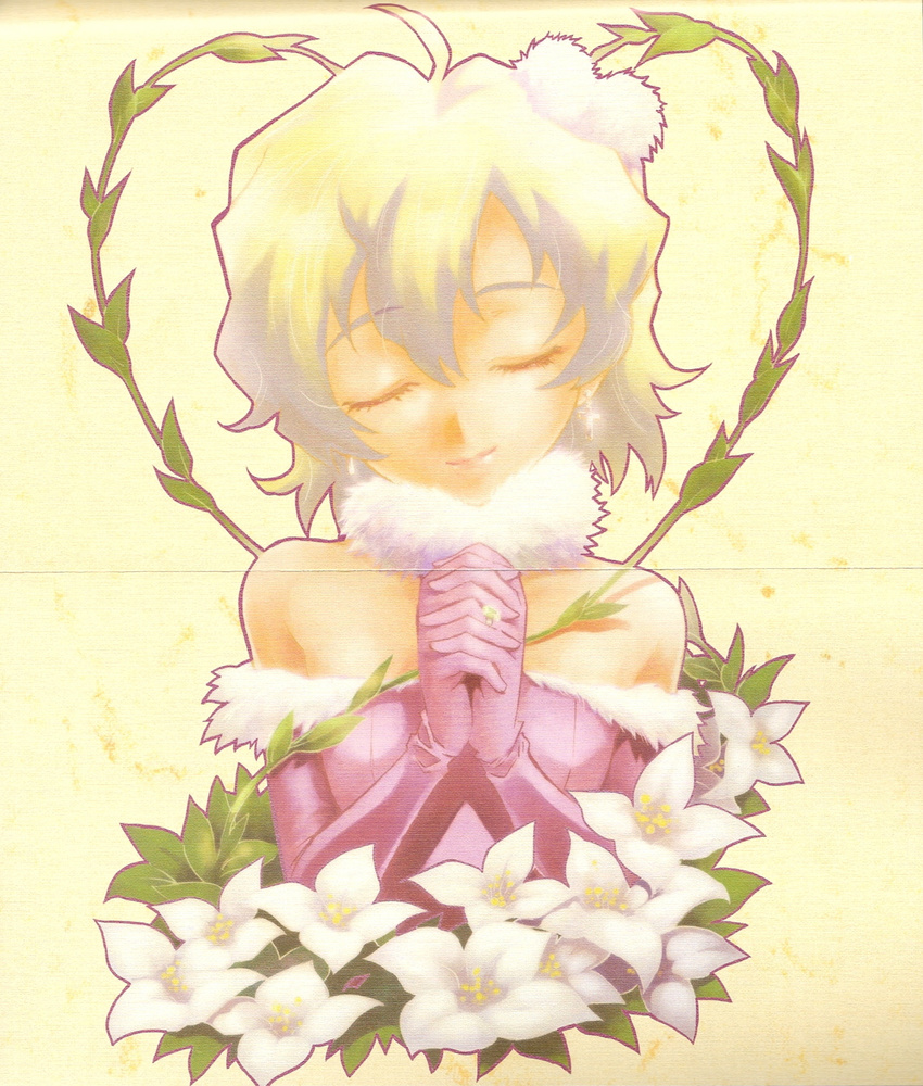 closed_eyes earrings flower hands_clasped highres jewelry mori_kotarou multicolored_hair nia_teppelin official_art own_hands_together ring scan short_hair smile solo tengen_toppa_gurren_lagann two-tone_hair
